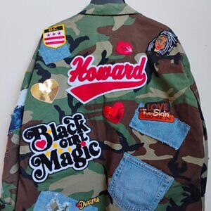 Howard University upcycled camo men's large short/ladies XL open front fitted